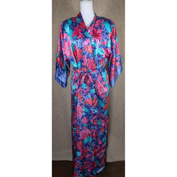 california dynasty Other - Vintage California Dynasty Floral Satin Robe Large Pink Blue Belted Peignoir USA